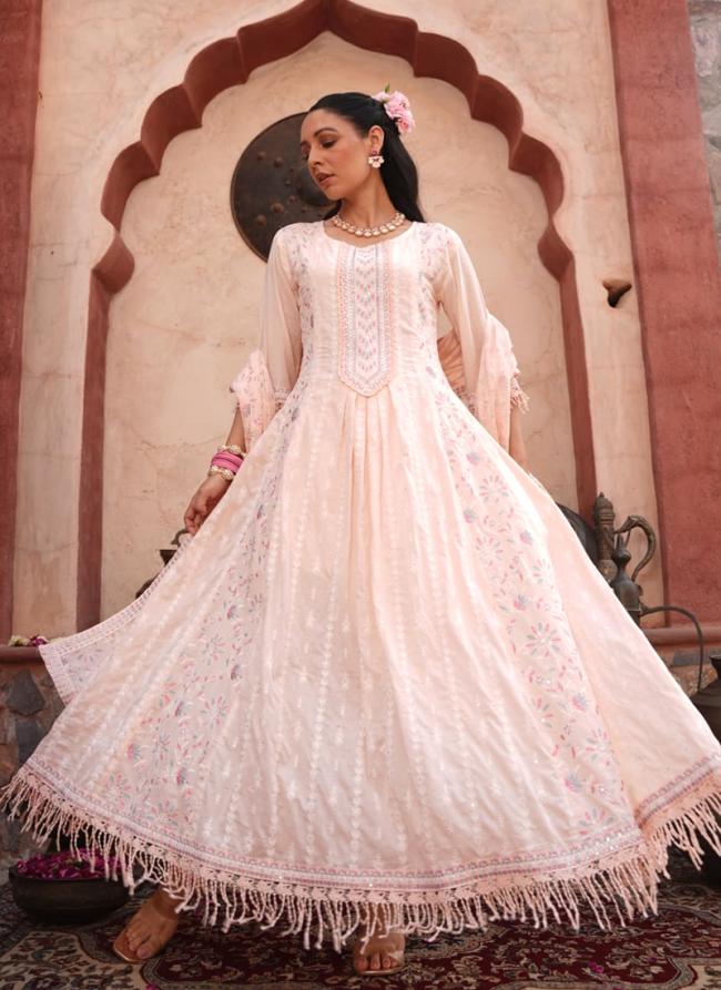 Cotton Baby Pink Traditional Wear Sequins Work Readymade Anarkali Suit